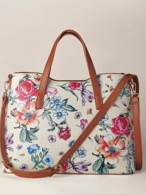 Floral Cream Satchel with Tan Trim